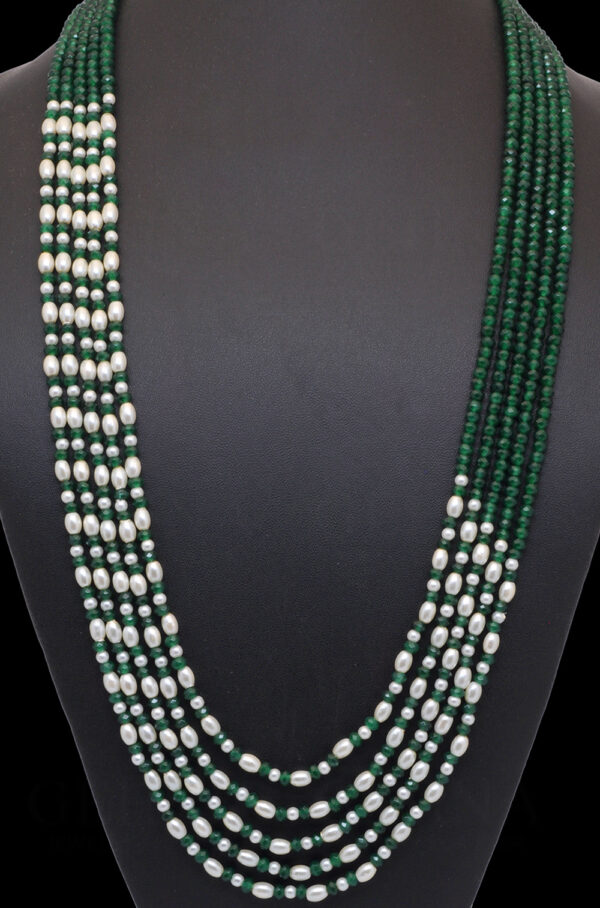 5 Rows Of Pearl & Emerald Gemstone Faceted Bead Stylish Necklace  NM-1182
