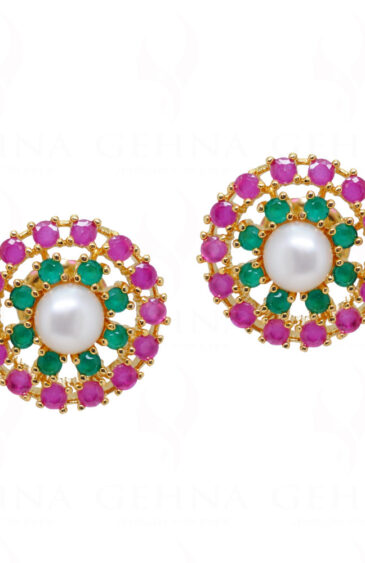 Pearl, Emerald & Ruby Studded Round Shape Festive Earrings FE-1183