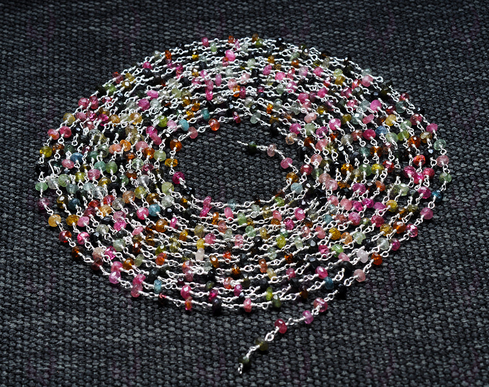 142" Inch Long Multi Color Tourmaline Gemstone Faceted Bead Chain CS-1184