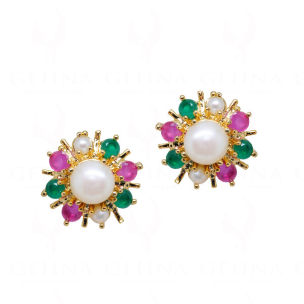 Pearl, Ruby & Emerald Studded Flower Shape Earrings FE-1184