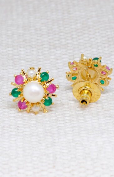 Pearl, Ruby & Emerald Studded Flower Shape Earrings FE-1184