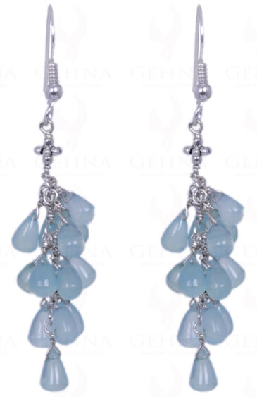 Blue Chalcedony Gemstone Cabochon Drops Earrings In .925 Sterling Silver ES-1196