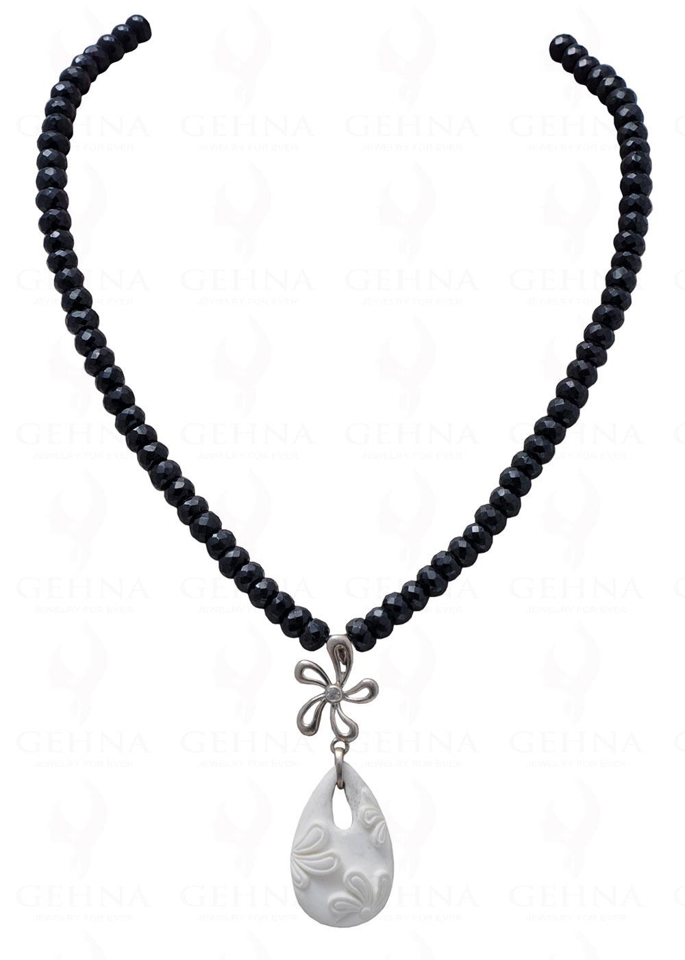 Black Spinel Gemstone Bead Necklace With White Gemstone Onyx Pendant  NS-1196