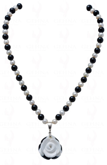White & Black Onyx Studded Pendant Attached With Pearl & Onyx Bead NS-1198