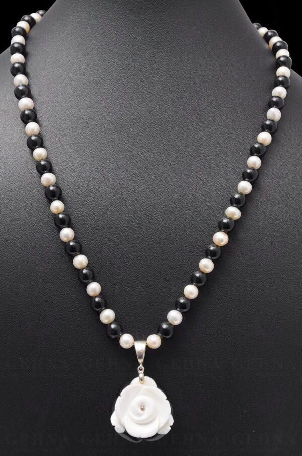 White & Black Onyx Studded Pendant Attached With Pearl & Onyx Bead NS-1198