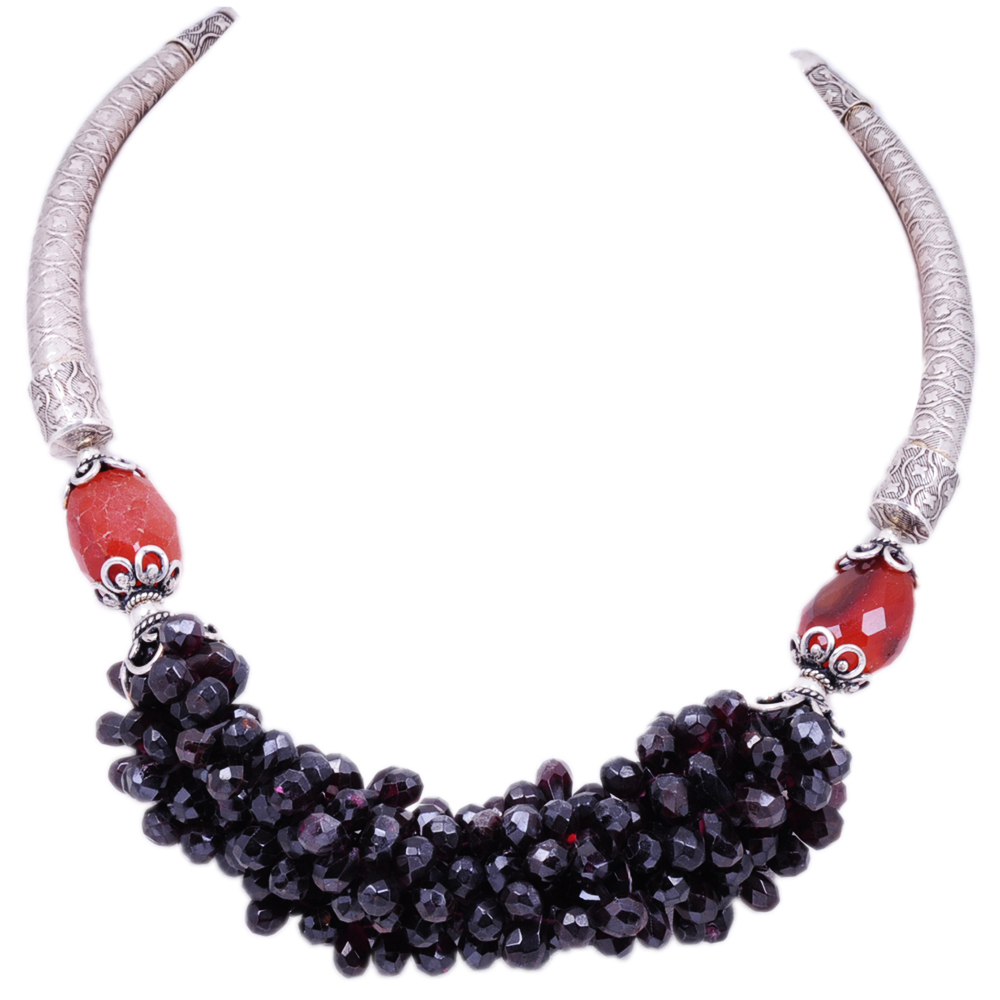 Red Garnet & Carnelian Bead Necklace With .925 Solid Silver Elements NS-1204