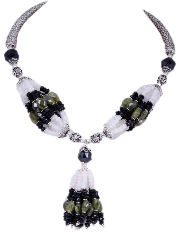 Rainbow MooNS-tone, Peridot & Black Spinel Gemstone Faceted Bead Necklace  NS-1206