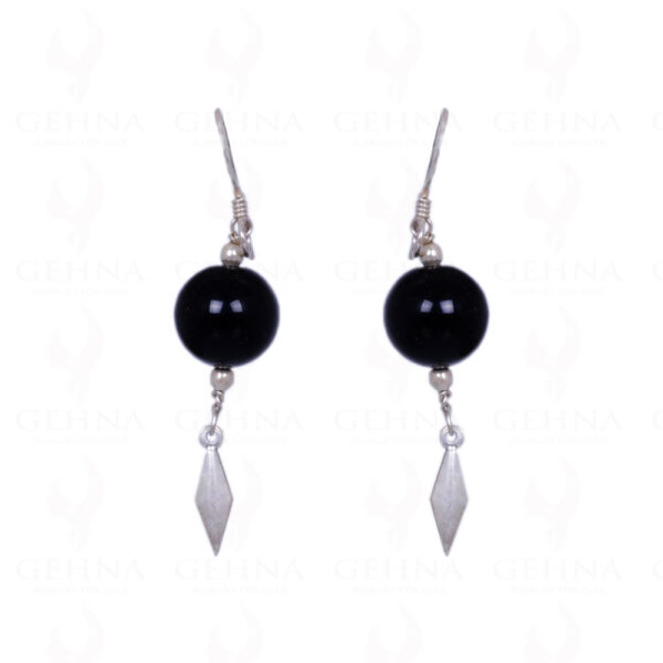 Black Spinel Gemstone Round Cabochon Bead Earrings In .925 Solid Silver ES-1207