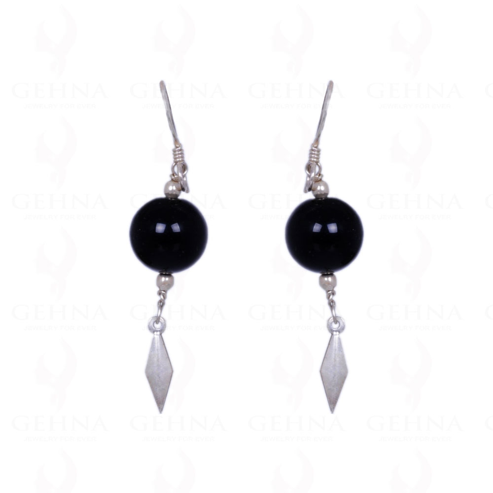 Black Spinel Gemstone Round Cabochon Bead Earrings In .925 Solid Silver ES-1207