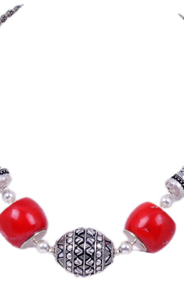 Coral Gemstone Round Bead Necklace With .925 Solid Silver Elements NS-1207