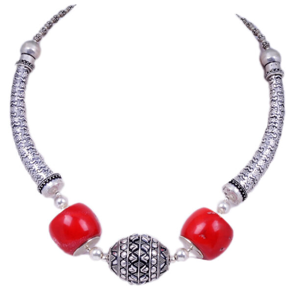 Coral Gemstone Round Bead Necklace With .925 Solid Silver Elements NS-1207