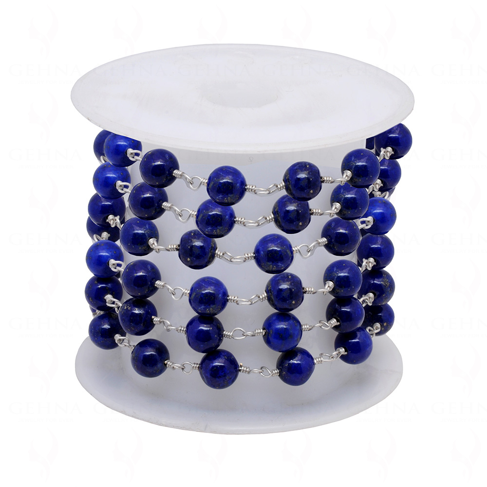 Blue Lapis Lazuli Gemstone Round Shape Bead Chain In.925 Sterling Silver CS-1209