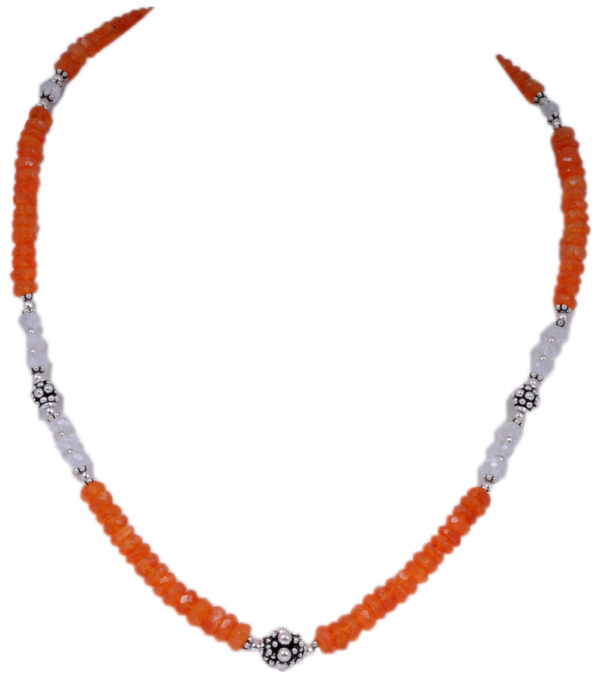 Carnelian & Aquamarine Gemstone Bead Strand With Solid Silver Elements NS-1210