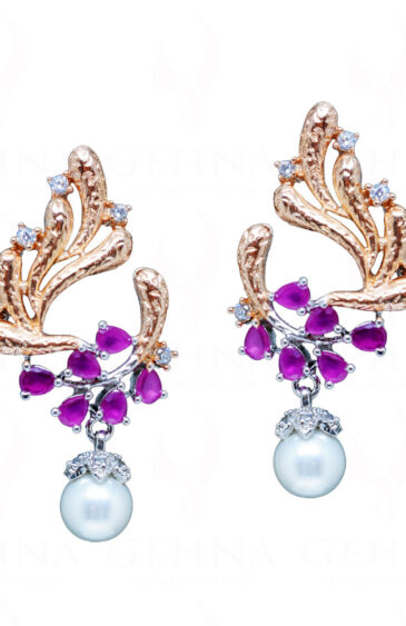 Pearl, Ruby & Topaz Studded Dangle Festive Earrings FE-1211