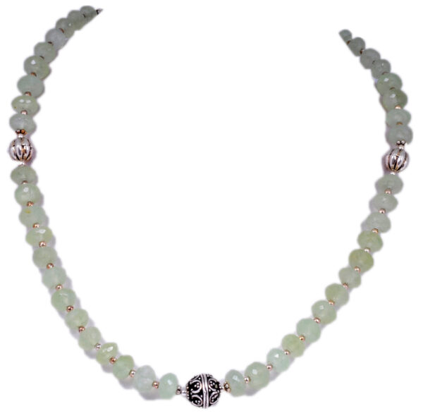 Prehnite Gemstone Round Bead Strand With .925 Solid Silver Elements NS-1211