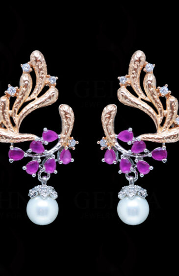 Pearl, Ruby & Topaz Studded Dangle Festive Earrings FE-1211