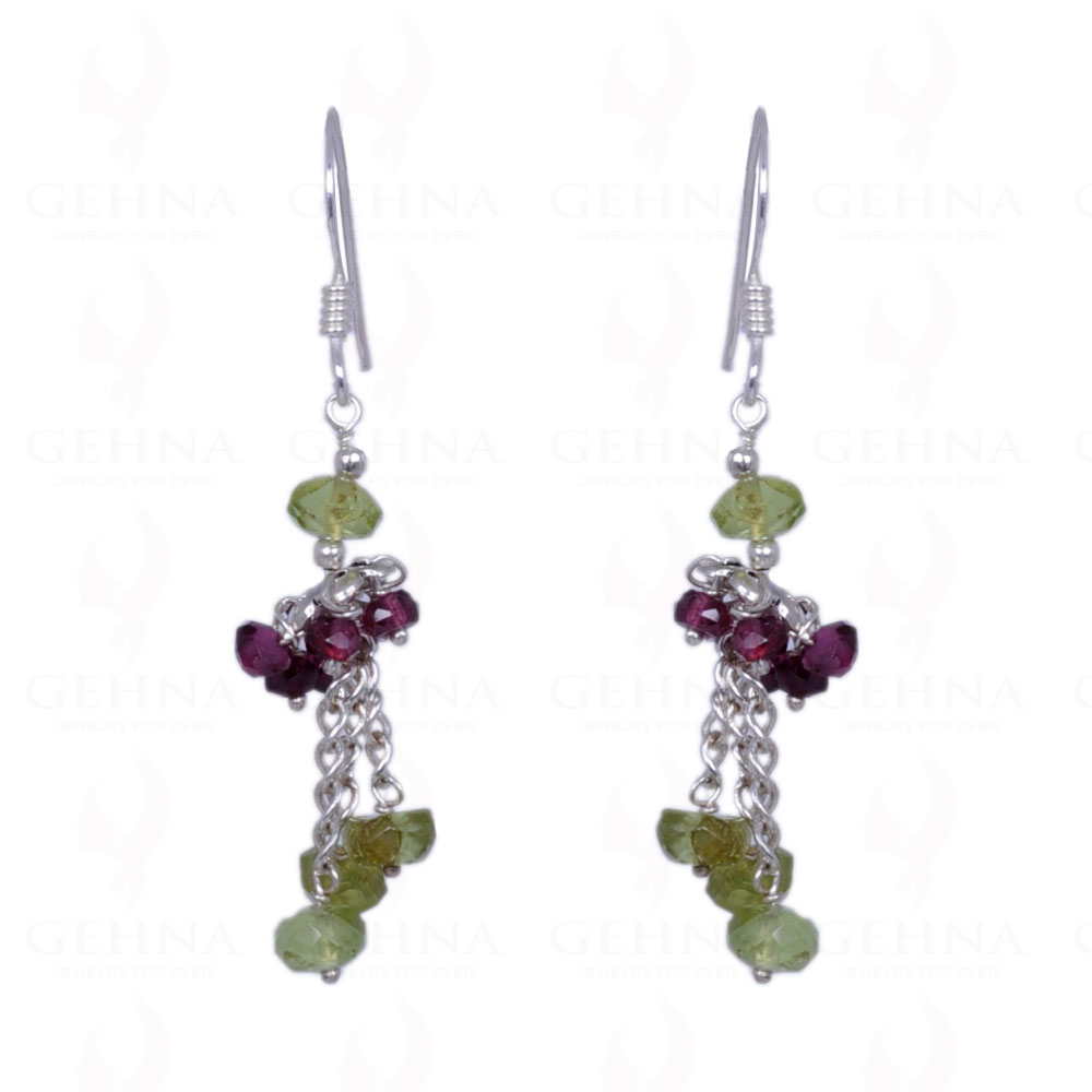 Peridot & Red Garnet Gemstone Faceted Bead Earrings In .925 Solid Silver ES-1213