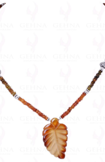 Hessonite Gemstone Faceted Bead With Leaf Shaped Carving Pendant NS-1215