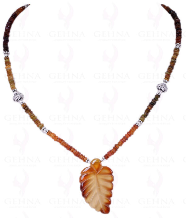 Hessonite Gemstone Faceted Bead With Leaf Shaped Carving Pendant NS-1215