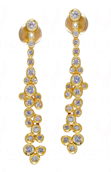 White Topaz Studded Gold Plated Dangle Earrings FE-1219