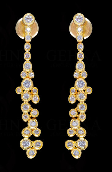 White Topaz Studded Gold Plated Dangle Earrings FE-1219
