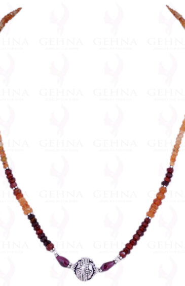 Hessonite & Garnet Gemstone Bead Necklace With Solid Silver Elements NS-1223