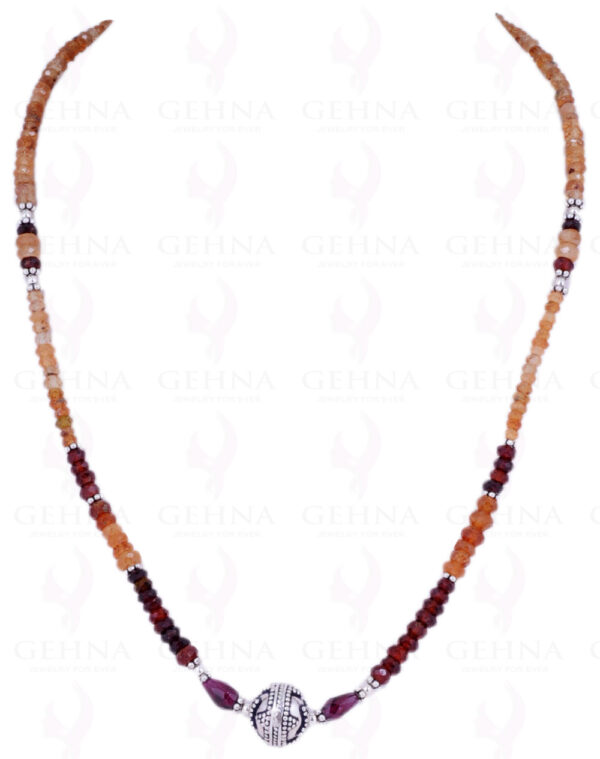 Hessonite & Garnet Gemstone Bead Necklace With Solid Silver Elements NS-1223