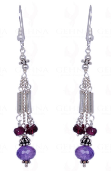 Amethyst & Red Garnet Gemstone Faceted Bead Earrings In .925 Solid Silver ES-1230