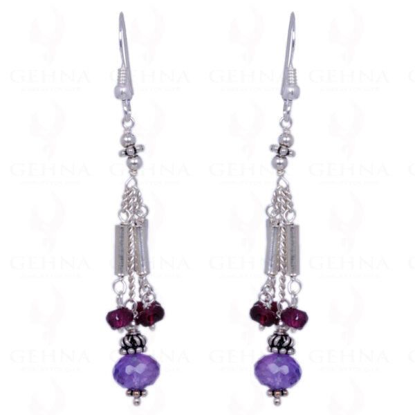 Amethyst & Red Garnet Gemstone Faceted Bead Earrings In .925 Solid Silver ES-1230