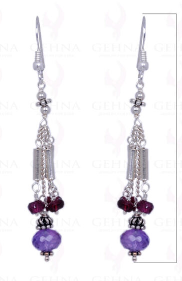 Amethyst & Red Garnet Gemstone Faceted Bead Earrings In .925 Solid Silver ES-1230