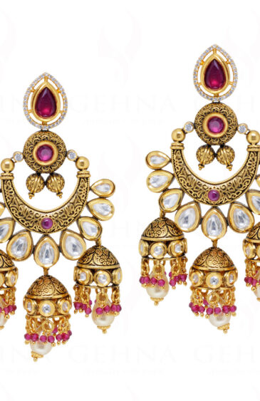 Ruby & Topaz Studded Gold Plated Jhumki Dangle Earrings FE-1237