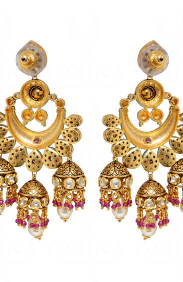 Ruby & Topaz Studded Gold Plated Jhumki Dangle Earrings FE-1237