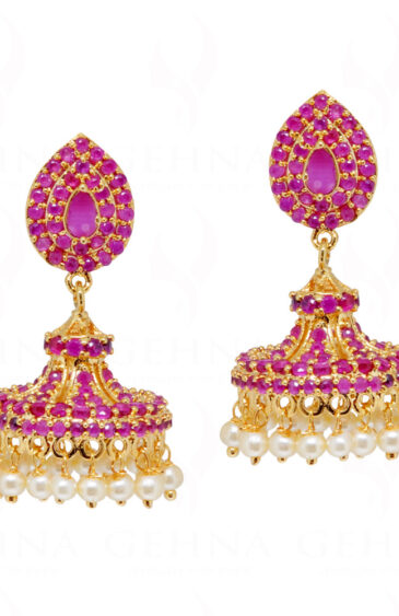 Pearls & Ruby Studded Gold Plated Meenakari Jhumki Earrings FE-1238