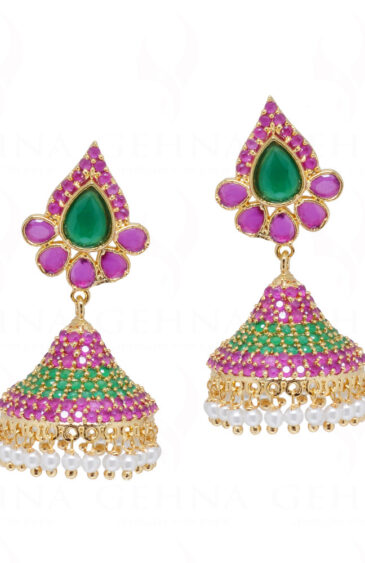 Pearl, Emerald & Ruby Gold Plated Jhumki Dangle Earrings FE-1242