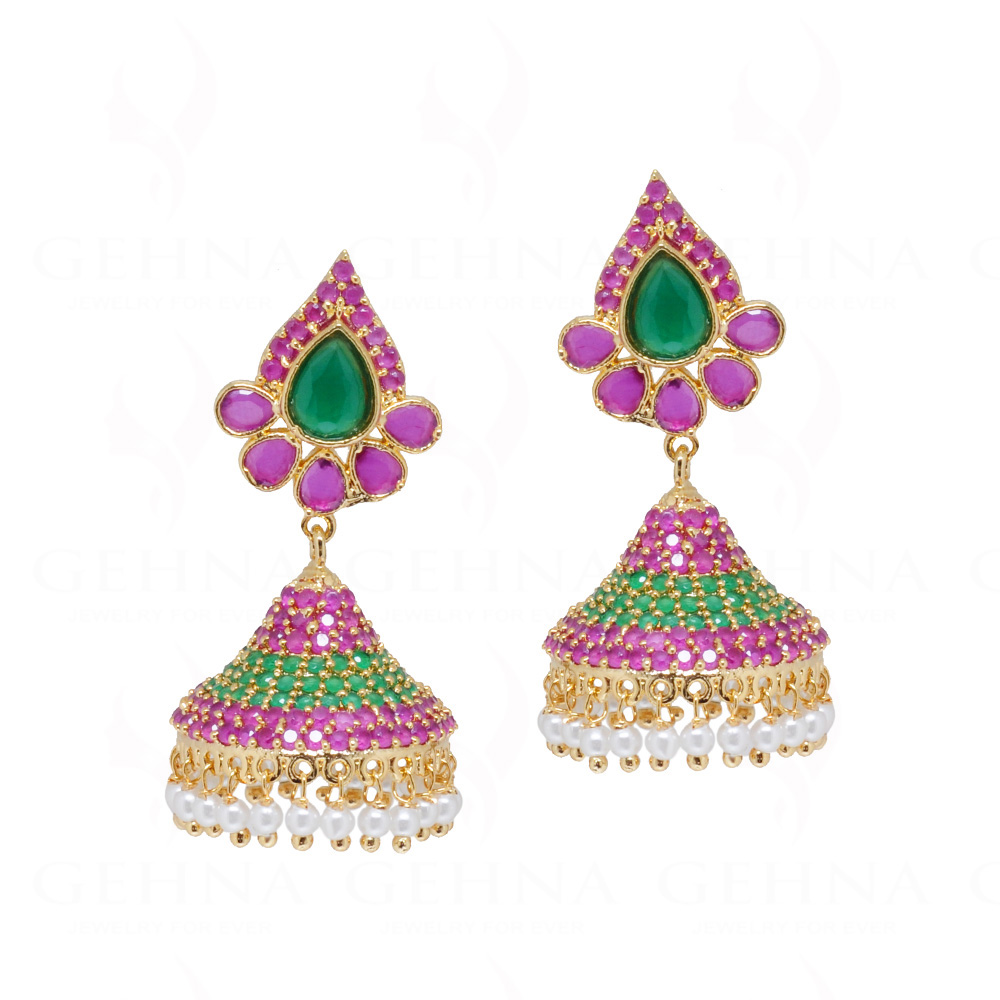 Pearl, Emerald & Ruby Gold Plated Jhumki Dangle Earrings FE-1242