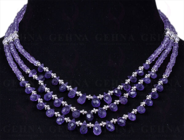 3 Rows of Amethyst Gemstone Bead Necklace With Solid Silver Elements NS-1244