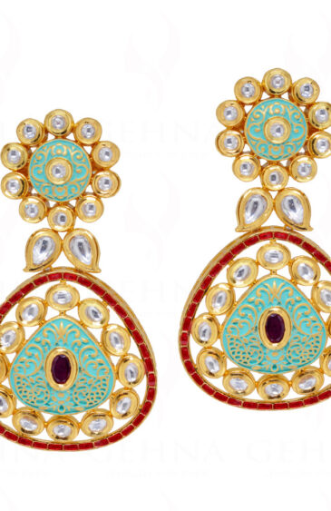 Ruby & Topaz Studded Gold Plated Enamel Work Dangle Earrings FE-1245