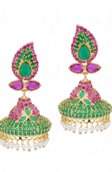 Pearl, Ruby & Emerald Studded Gold Plated Dangle Earrings FE-1246