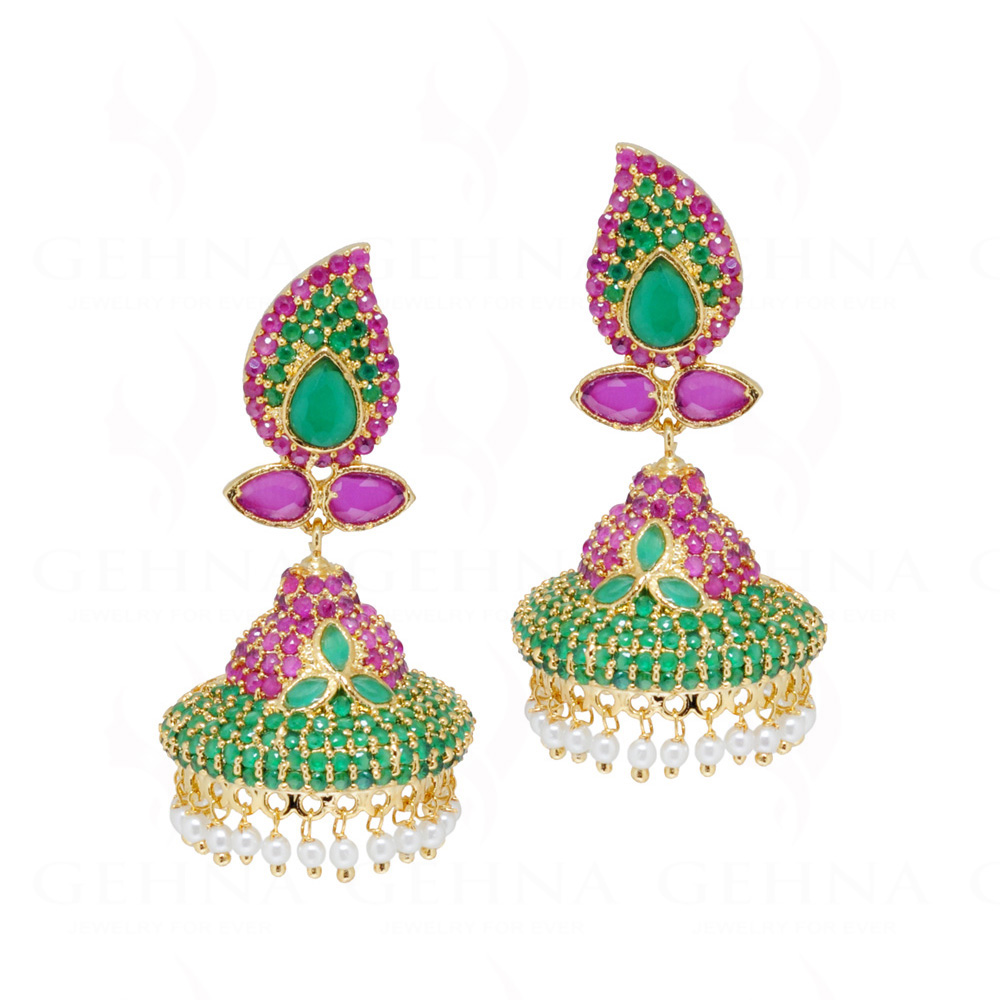 Pearl, Ruby & Emerald Studded Gold Plated Dangle Earrings FE-1246
