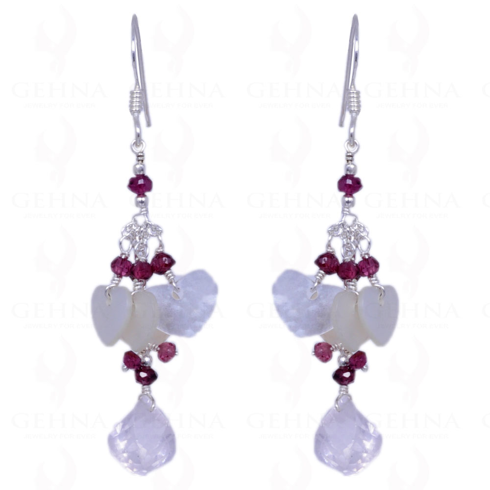 Heart Shape Mop, Red Garnet & Rose Quartz Gemstone Earrings In Silver ES-1247
