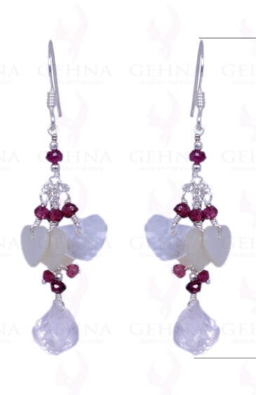 Heart Shape Mop, Red Garnet & Rose Quartz Gemstone Earrings In Silver ES-1247
