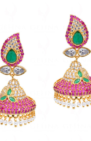 Pearl, Emerald & Ruby Gold Plated Jhumki Dangle Earrings FE-1251