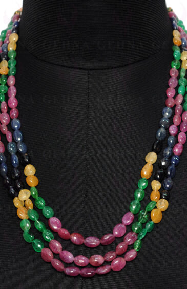 3 Rows Emerald Ruby Sapphire Gemstone Oval Bead Necklace NP-1254