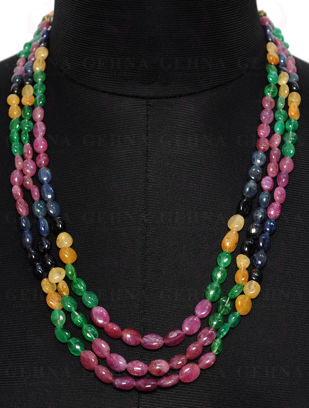 3 Rows Emerald Ruby Sapphire Gemstone Oval Bead Necklace NP-1254