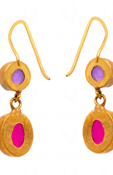 Amethyst & Ruby Studded Gold Plated Dangle Earrings FE-1255