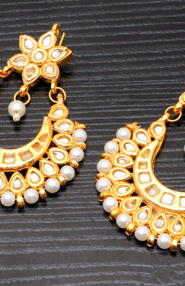 Pearl & White Topaz Studded Gold Plated Chandelier Earrings FE-1257