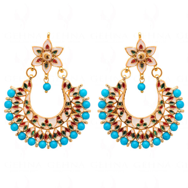 White Sapphire & Turquoise Studded Half Moon Shape Earrings FE-1259