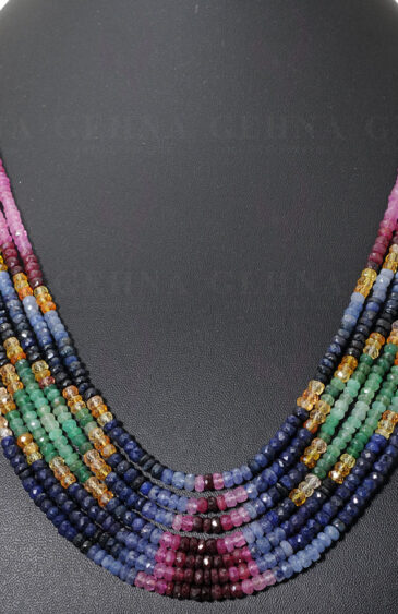 7 Rows Of Ruby ,Emerald & Sapphire Gemstone Faceted Bead Necklace NP-1273