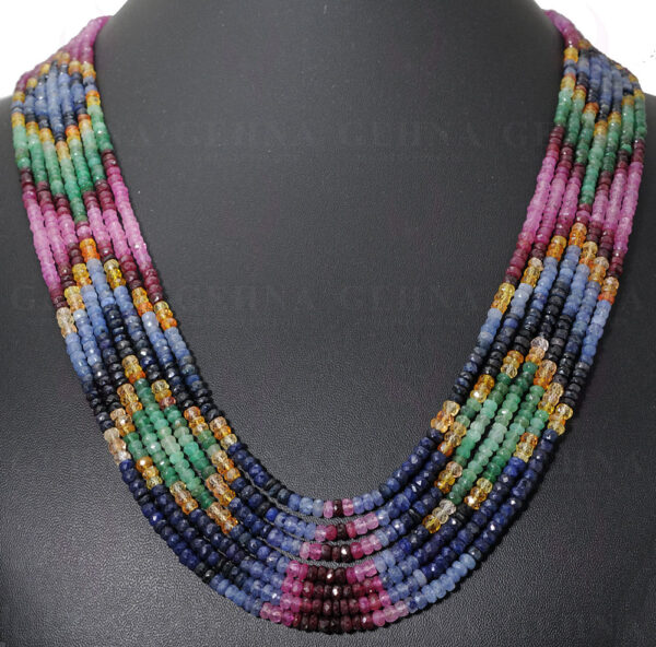 7 Rows Of Ruby ,Emerald & Sapphire Gemstone Faceted Bead Necklace NP-1273