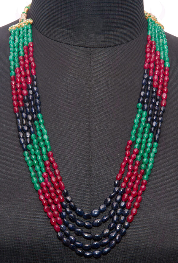 5 Rows Of Ruby, Emerald & Blue Sapphire Gemstone Oval Shaped Necklace NP-1287